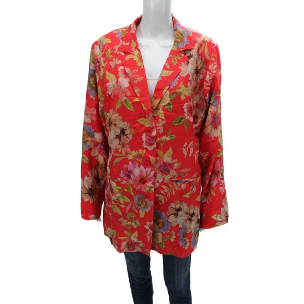 Johnny Was Women Red Floral Collared Button Jacket Long Sleeve Size XL